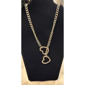 Chunky Chain Necklace Silver Tone Double Heart Pendant Slip Chain